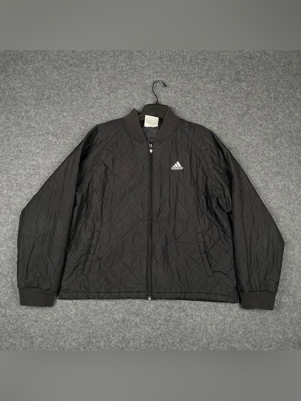 Adidas Quilted Bomber Jacket Mens Large Black Tricot Logo 3 Stripes Full Zip